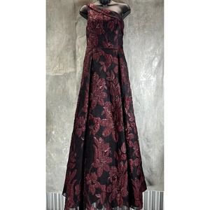 AIDAN MATTOX Women's Wine Metallic Floral One-Shoulder Ball Gown SZ 6  NWT!